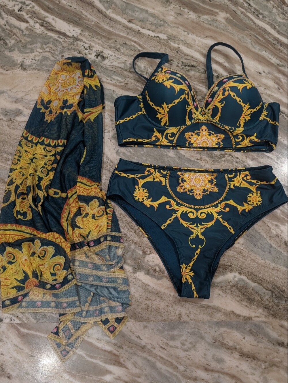 Baroque Print Bikini Set with Sarong